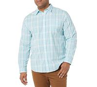 Amazon Essentials Men's Long-Sleeved Regular-Fit Stretch Poplin Shirt, Light Blue White Medium Plaid, L