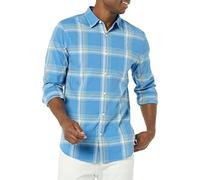 Amazon Essentials Men's Long-Sleeved Slim-Fit Stretch Poplin Shirt, Light Blue Orange Plaid, M