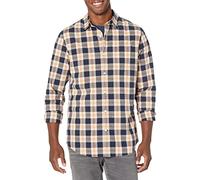 Amazon Essentials Men's Long-Sleeved Slim-Fit Stretch Poplin Shirt, Navy Peach Plaid, S
