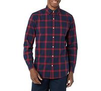 Amazon Essentials Men's Long-Sleeved Slim-Fit Stretch Poplin Shirt, Navy Red Buffalo Plaid, S