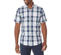 Amazon Essentials Men's Regular-Fit Short-Sleeve Poplin Shirt, Navy White Large Plaid, XS