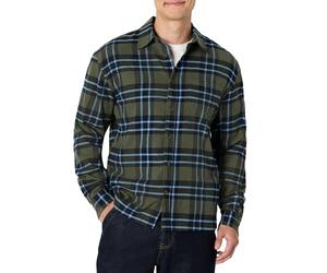 Amazon Essentials Men's Relaxed-Fit Long-Sleeve Flannel Shirt, Dark Olive Blue Simple Plaid, XS