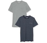 Amazon Essentials Men's Short-Sleeve Crewneck Pocket T-Shirts, Pack of 2, Grey Heather/Navy Stripes, L