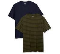 Amazon Essentials Men's Short-Sleeve Crewneck Pocket T-Shirts, Pack of 2, Navy/Olive Stripes, L