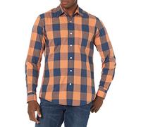 Amazon Essentials Men's Slim-Fit Long-Sleeve Poplin Shirt, Blue Orange Buffalo, L