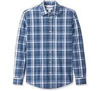 Amazon Essentials Men's Slim-Fit Long-Sleeve Poplin Shirt, Navy Medium Plaid, S