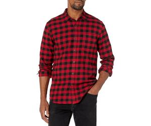 Amazon Essentials Men's Slim-Fit Long-Sleeved Button-Down Plaid Flannel Shirt, Black Red Buffalo Plaid, S