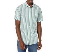 Amazon Essentials Men's Slim-Fit Short-Sleeve Poplin Shirt, Aqua Blue White Vertical Stripes, M