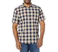 Amazon Essentials Men's Slim-Fit Short-Sleeve Poplin Shirt, Navy Gold Plaid, L