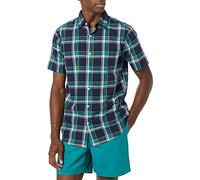 Amazon Essentials Men's Slim-Fit Short-Sleeve Poplin Shirt, Navy Green Plaid, L