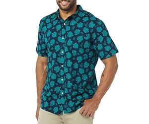 Amazon Essentials Men's Slim-Fit Short-Sleeve Poplin Shirt, Navy Teal Green Palm Leaf Print, S