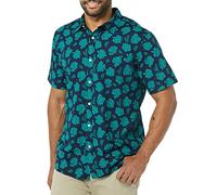 Amazon Essentials Men's Slim-Fit Short-Sleeve Poplin Shirt, Navy Teal Green Palm Leaf Print, XS