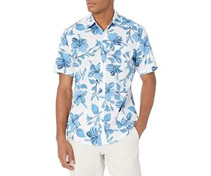 Amazon Essentials Men's Slim-Fit Short-Sleeved Button-Down Printed Shirt, Blue Floral Print, XS