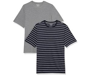 Amazon Essentials Men's T-Shirt Regular-Fit Short-Sleeve Crewneck, Pack of 2, Grey Heather/Navy Stripe, XX-Large