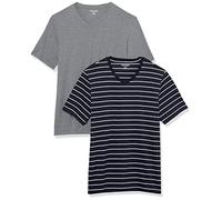 Amazon Essentials Men's T-Shirt Regular-Fit Short-Sleeve V-Neck (Available in Big & Tall), Pack of 2, Grey Heather/Navy Stripe, Large