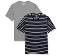 Amazon Essentials Men's T-Shirt Slim-Fit Short-Sleeve V-Neck, Pack of 2, Grey Heather/Navy Stripe, X-Small