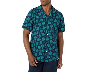 Amazon Essentials Men's Vacation Cotton Button-Down Resort Shirt, Short Sleeve, Navy Palm Leaf, XX-Large