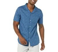Amazon Essentials Men's Vacation Cotton Resort Shirt, Slim-Fit Short Sleeve, Navy Palm Leaf Print, Large
