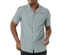 Amazon Essentials Men's Vacation Cotton Resort Shirt, Slim-Fit Short Sleeve, Navy Stripe, Large