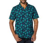 Amazon Essentials Men's Vacation Cotton Resort Shirt, Slim-Fit Short Sleeve, Navy Teal Green Palm Leaf Print, Medium