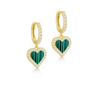 Amazon Essentials Sterling Silver Yellow Gold Plated Malachite CZ Heart Hoop Drop Earring
