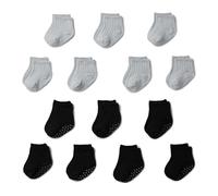 Amazon Essentials Unisex Babies' Non-Slip Grip Ribbed Ankle Socks, 14 Pairs, Black/Grey, 12-24 Months