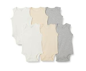 Amazon Essentials Unisex Babies' Sleeveless Bodysuits, Baby Vests, Pack of 6, Beige/Light Grey Heather/White, Premature