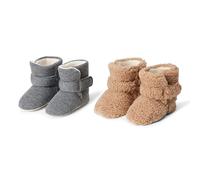 Amazon Essentials Unisex Babies' Soft Hook & Loop Booties, Infant Cot Shoes, Stay on Infant Slipper Socks with Grippers, Pack of 2, Brown Sherpa Dark Grey, 1 UK Child