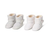 Amazon Essentials Unisex Babies' Soft Hook & Loop Booties, Infant Cot Shoes, Stay on Infant Slipper Socks with Grippers, Pack of 2, Pale Grey White, 1 UK Child