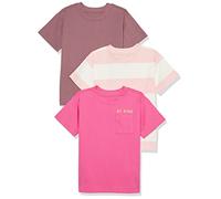 Amazon Essentials Unisex Kids' Modern Short-Sleeve T-Shirt, Pack of 3, Dusty Rose/Pink Text Print/White Rugby Stripe, 8 Years