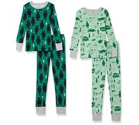 Amazon Essentials Unisex Kids' Snug-Fit Cotton Pyjama Sleepwear Sets, Bottle Green Polar Bear/Mint Green Happy Camper, 4 Years