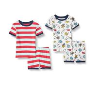 Amazon Essentials Unisex Kids' Snug-Fit Cotton Pyjama Sleepwear Sets, Pale Aqua Blue/Red/Stripes/White/Yeah, 6-7 Years