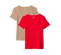 Amazon Essentials Women's 2-Pack Slim-Fit Short-Sleeve V-Neck T-Shirt, Pack of 2, Bright Poppy Red/Tan, XX-Large
