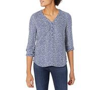 Amazon Essentials Women's 3/4 Sleeve Button Pop-over Shirt, Loose-Fit V-Neck Blouse, Navy White Petals, L