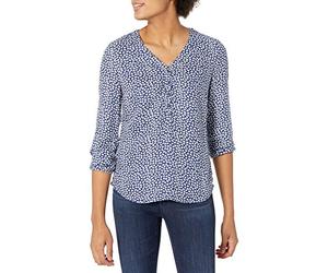 Amazon Essentials Women's 3/4 Sleeve Button Pop-over Shirt, Loose-Fit V-Neck Blouse, Navy White Petals, S