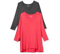 Amazon Essentials Women's 3/4 Sleeve V-Neck Swing T-Shirt (Available in Plus Sizes), Pack of 2, Charcoal Heather/Red, XL