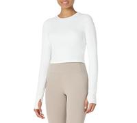 Amazon Essentials Women's Active FormFlex Buttery Soft Long Sleeve Slim Fit Crop Layering Workout Top, White, S