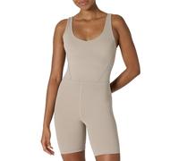 Amazon Essentials Women's Active FormFlex Buttery Soft One Piece Shorts Romper Jumpsuit with Built-In Bra, Taupe, S