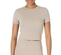 Amazon Essentials Women's Active FormFlex Buttery Soft Short Sleeve Slim Fit Crop Layering Workout Top, Taupe, XL