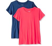 Amazon Essentials Women's Active Quick-Dry Tech-Stretch Short-Sleeve Crewneck T-Shirt, Pack of 2, Bright Pink/Navy, S