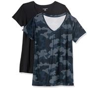 Amazon Essentials Women's Active Quick Dry Tech Stretch Short-Sleeve V-Neck Gym T-Shirt (Available in Plus Size), Pack of 2, Black/Navy Camo, XL