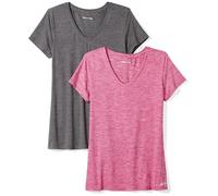 Amazon Essentials Women's Active Quick Dry Tech Stretch Short-Sleeve V-Neck Gym T-Shirt (Available in Plus Size), Pack of 2, Charcoal Heather Space Dye/Raspberry Red Space Dye, XXL