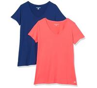 Amazon Essentials Women's Active Quick Dry Tech Stretch Short-Sleeve V-Neck Gym T-Shirt (Available in Plus Size), Pack of 2, Coral Orange/Navy, M