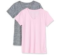 Amazon Essentials Women's Active Quick Dry Tech Stretch Short-Sleeve V-Neck Gym T-Shirt (Available in Plus Size), Pack of 2, Grey Space Dye/Light Pink, XL