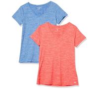 Amazon Essentials Women's Active Quick Dry Tech Stretch Short-Sleeve V-Neck Gym T-Shirt (Available in Plus Size), Pack of 2, Coral Orange Space Dye/Light Blue Space Dye, L