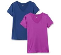 Amazon Essentials Women's Active Quick Dry Tech Stretch Short-Sleeve V-Neck T-Shirt (Available in Plus Size), Pack of 2, Navy/Orchid Purple, XS