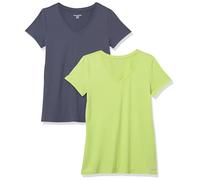 Amazon Essentials Women's Active Quick Dry Tech Stretch Short-Sleeve V-Neck T-Shirt (Available in Plus Size), Pack of 2, Lime Green/Slate Grey, XS