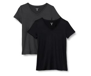 Amazon Essentials Women's Active Quick Dry Tech Stretch Short-Sleeve V-Neck T-Shirt (Available in Plus Size), Pack of 2, Black/Graphite Heather, S