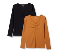 Amazon Essentials Women's Cinched V-Neck Long-Sleeved, Slim-fit, Rib-Knit T-Shirt, Pack of 2, Black/Caramel, XS