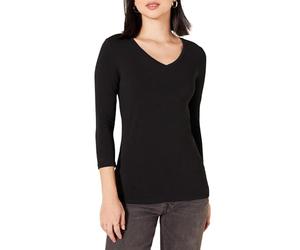 Amazon Essentials Women's Classic-Fit 3/4 Sleeve V-Neck T-Shirt (Available in Plus Size), Black, Small